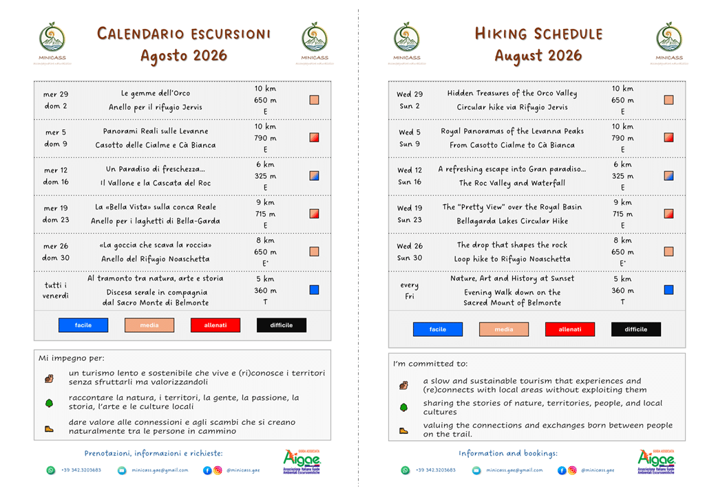Calendario escursioni Agosto 2026 | Hiking schedule August 2026