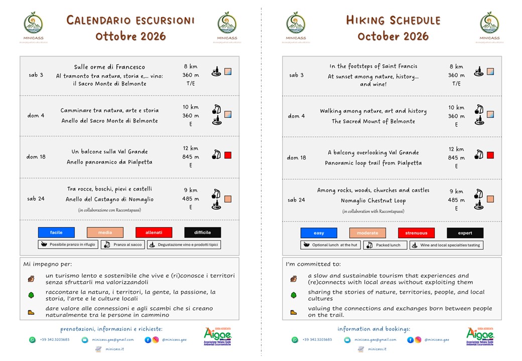 Calendario escursioni Ottobre 2026 | Hiking schedule October 2026